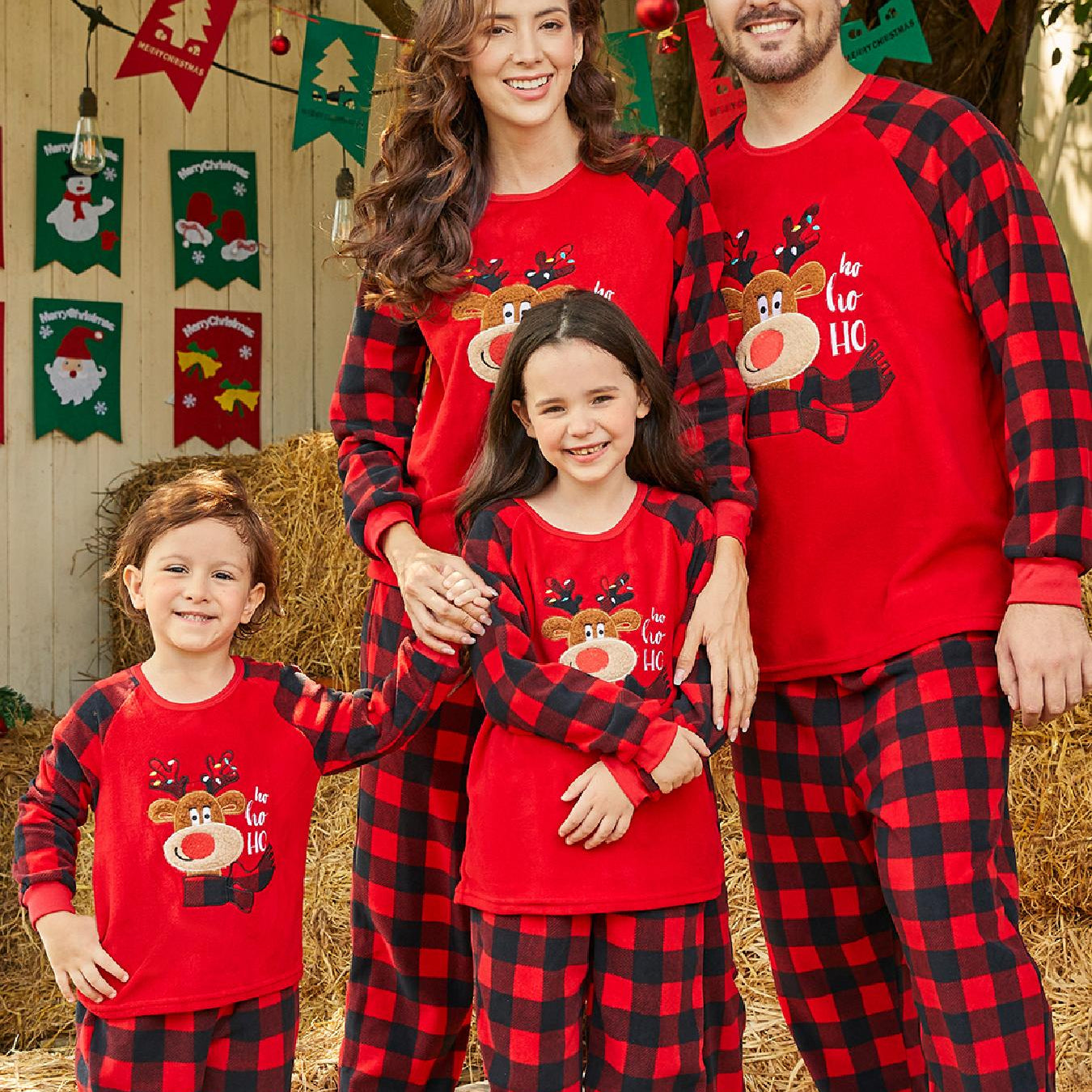 Unisex Komplet Piżam Rodzinnych Czerwony Boże Narodzenie - Wzór Kraty i Renifer