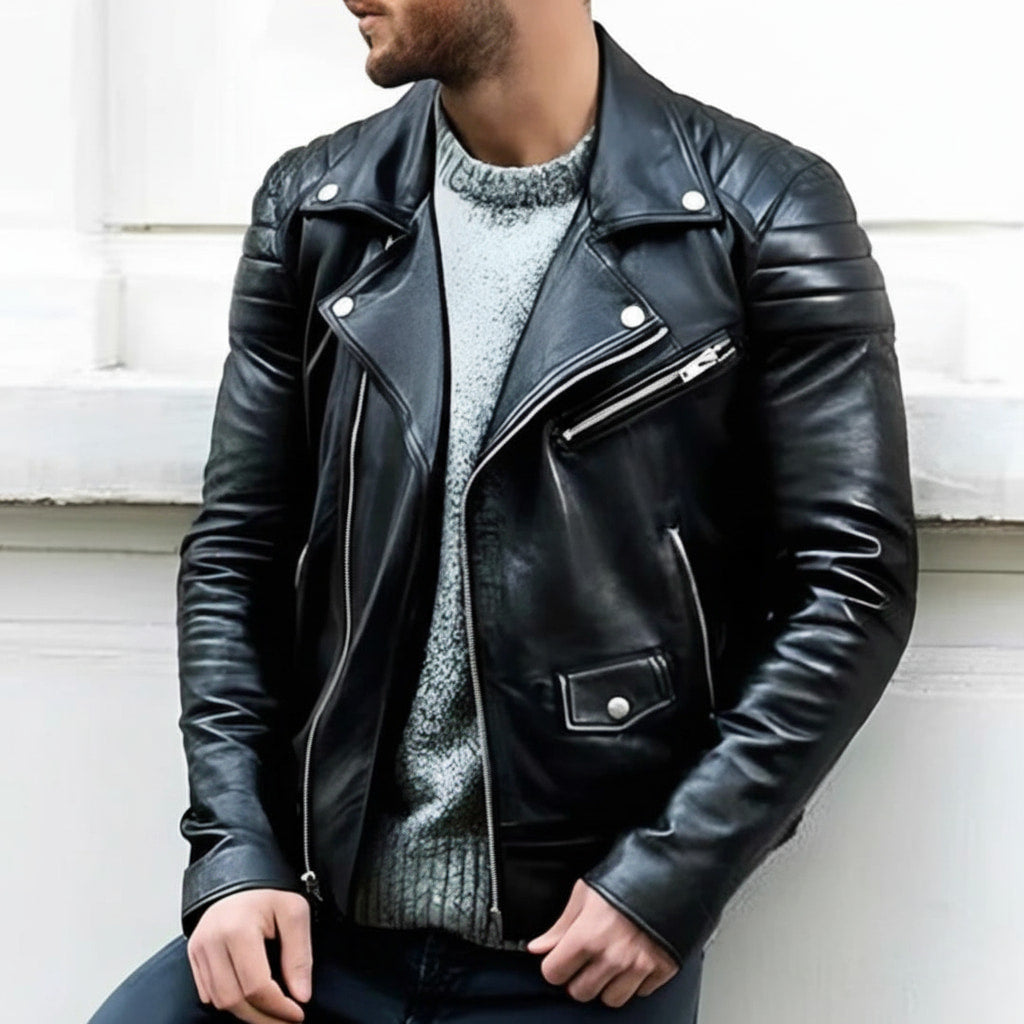 Męska Skórzana Ramoneska - Z Asymetrycznym Zamkiem, Pikowane Detale