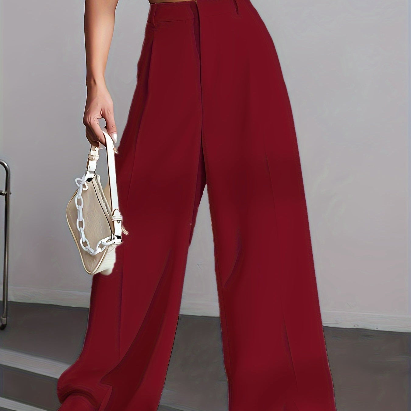 Damskie Spodnie do Pracy z Szeroką Nogawką - Z Wysokim Stanem