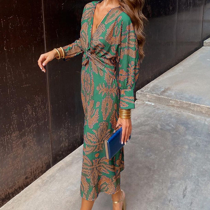 Damska Sukienka Midi - Dekolt V i Detal z Przeszyciem z Przodu