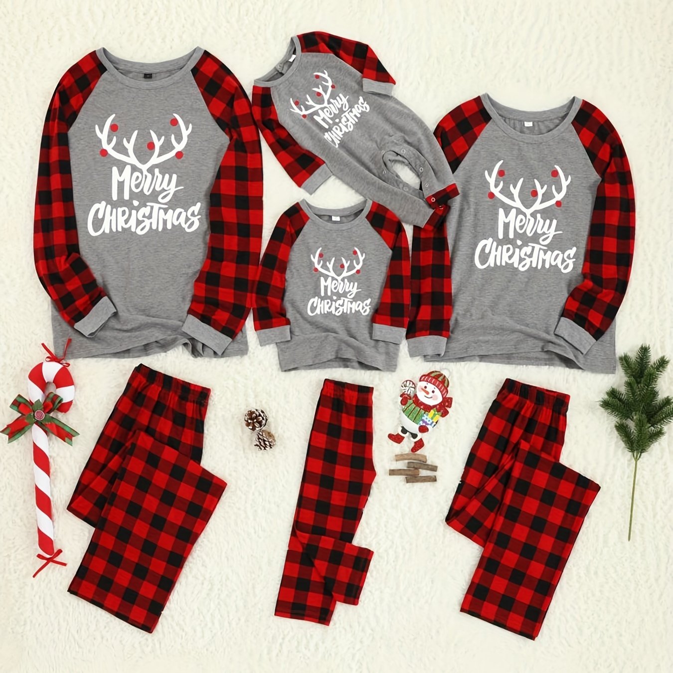 Unisex Świąteczna Piżama Rodzinna - Długi Rękaw z Wzorem w Kratę
