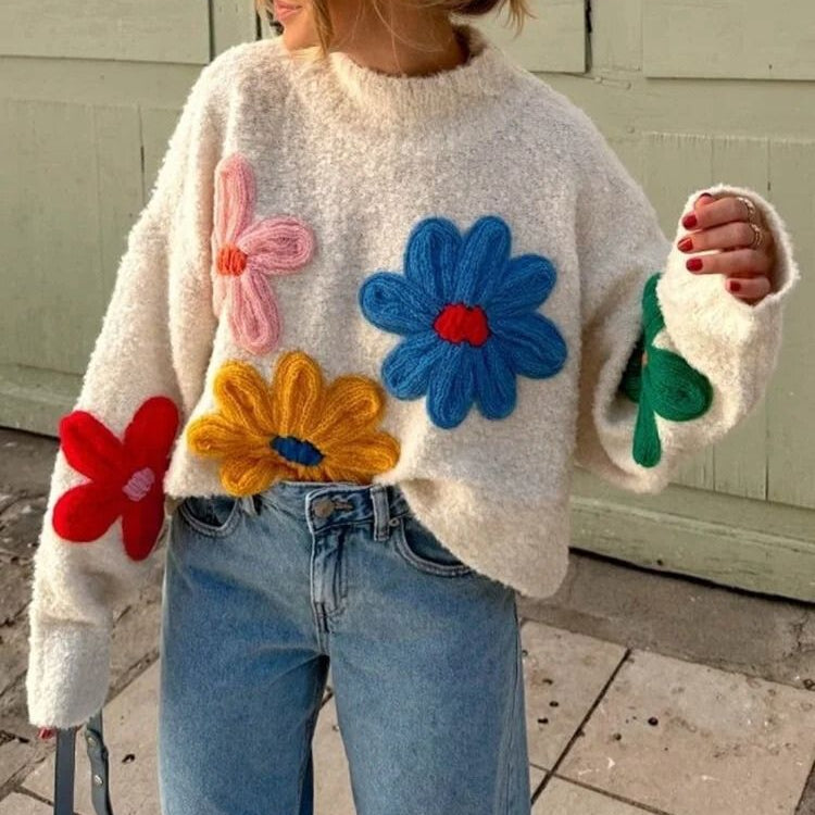 Damski Biały Sweter Oversize - Gruby Splot z Kwiatami 3D