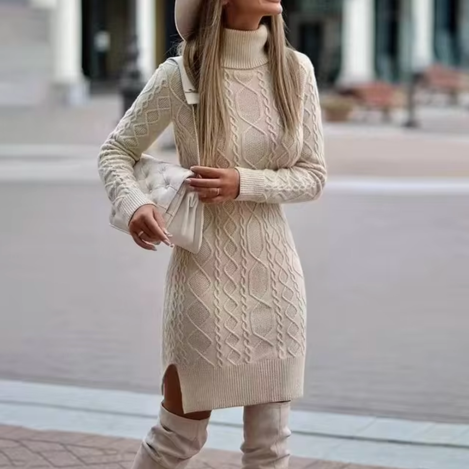 Damska Sukienka Swetrowa Dzianinowa - Mini z Golfem i Długim Rękawem