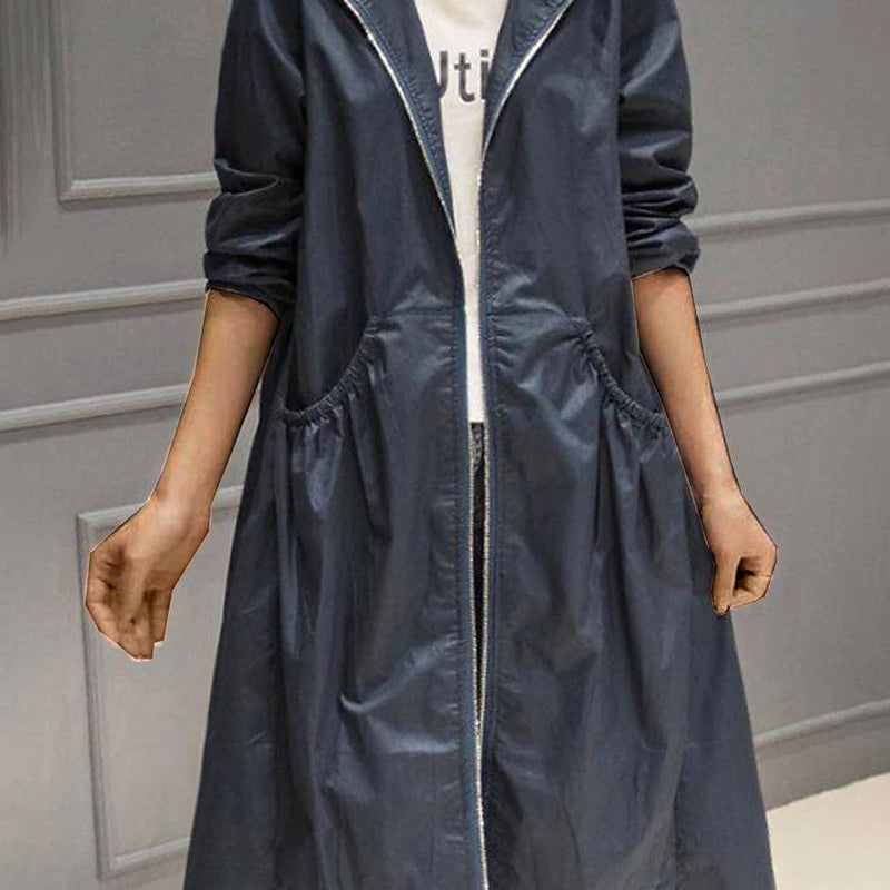 Damska Długa Kurtka Wodoodporna – Wszechstronna z Kapturem i Zamkiem Błyskawicznym