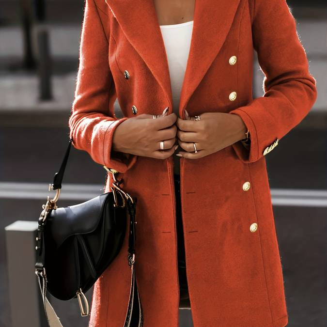 Damski Dwurzędowy Płaszcz Zimowy - Dopasowany z Kołnierzem Klapowym