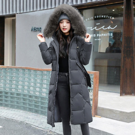 Damski Płaszcz Puchowy Zimowy Maxi - Kaptur i Ozdobne Wykończenie Kołnierza