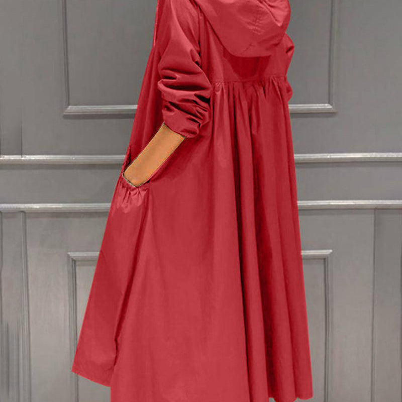 Damska Długa Kurtka Wodoodporna – Wszechstronna z Kapturem i Zamkiem Błyskawicznym