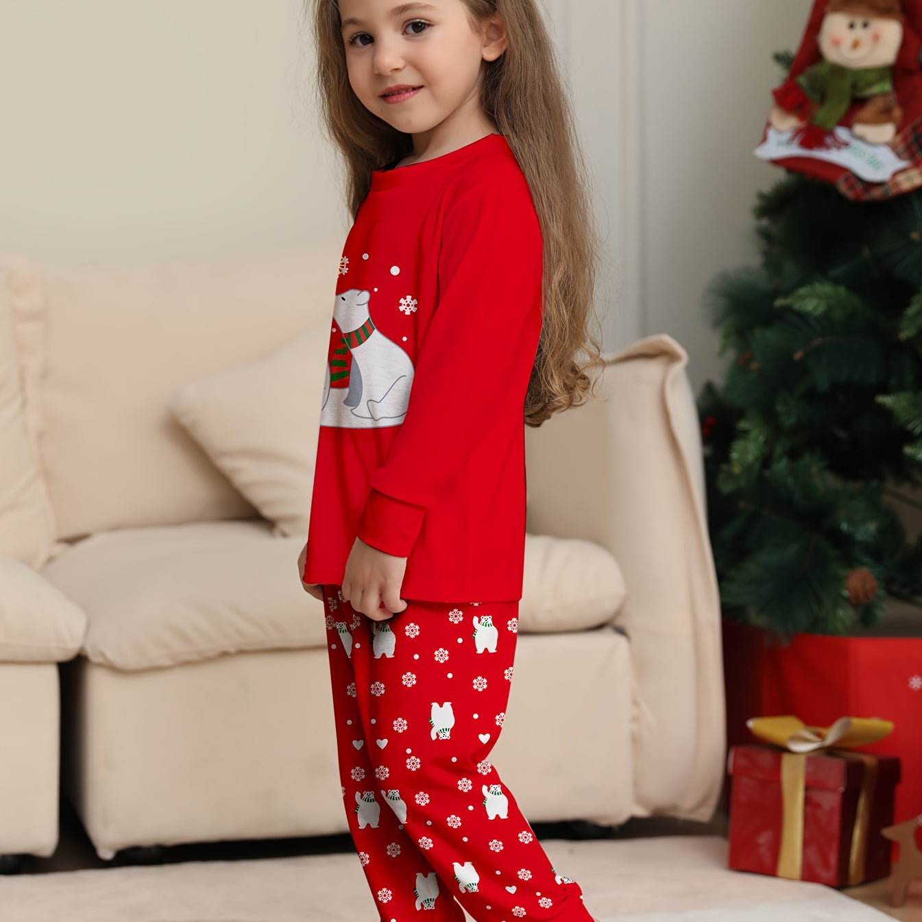 Unisex Komplet Piżam Rodzinnych Świąteczny Czerwony - Wzór Bałwan i Puszysty