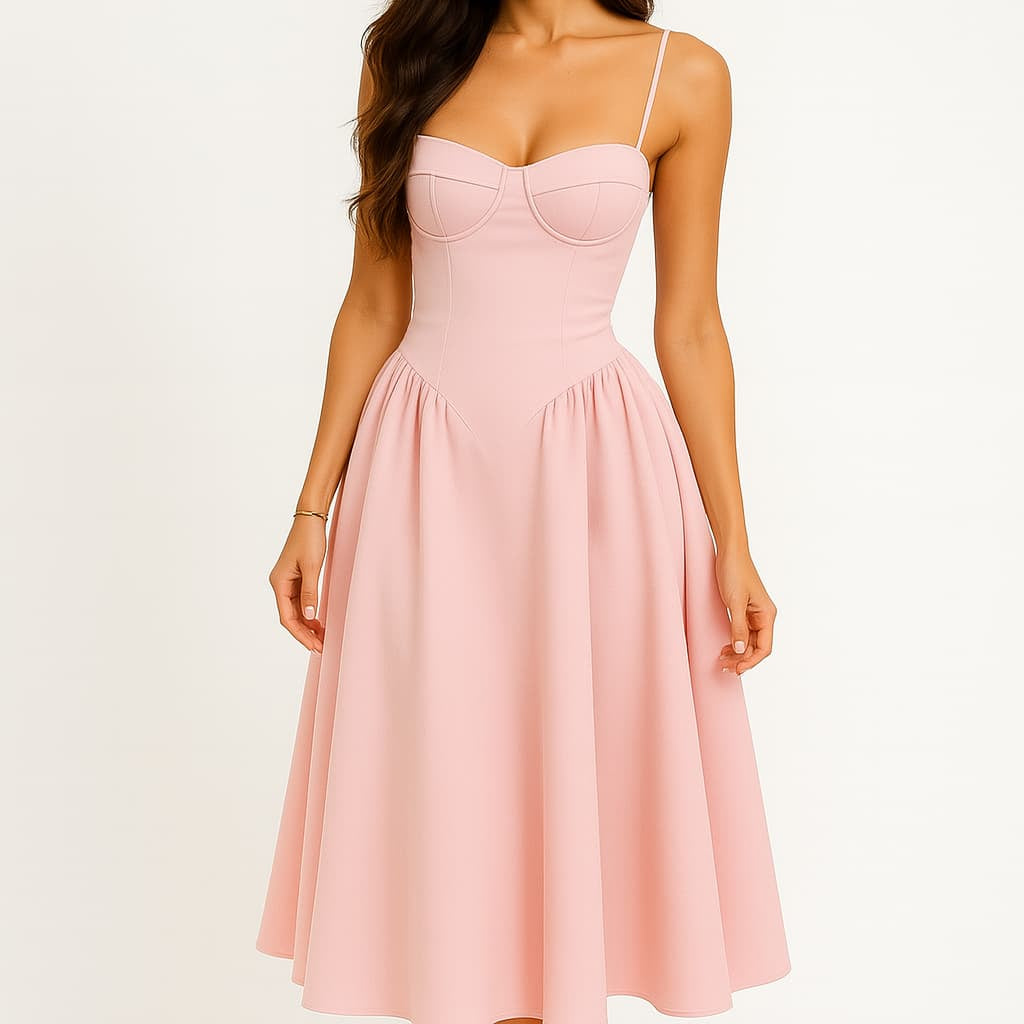 Damska Różowa Sukienka Midi - Gorsetowa Góra i Rozkloszowany Dół