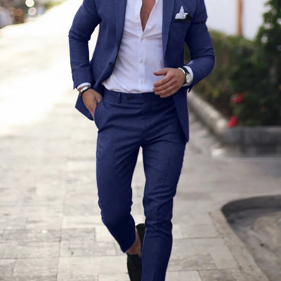 Męski Garnitur 2-Częściowy - Marynarka na Jeden Guzik i Spodnie Flat-Front