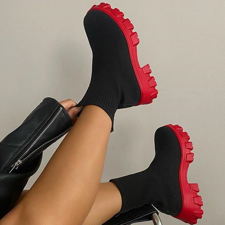 Damskie Botki na Platformie - Skarpetowy Fason na Grubym Obcasie