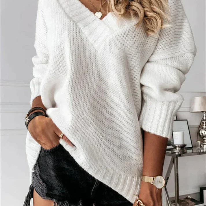 Damski Sweter Dzianinowy z Dekoltem w Kształcie Litery V – Przytulny i Wygodny