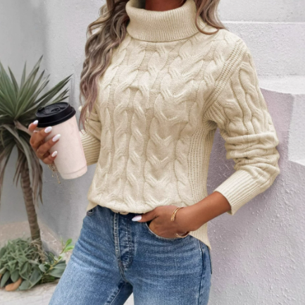 Damski Bawełniany Sweter Golf - Ciepły Splot Warkoczowy