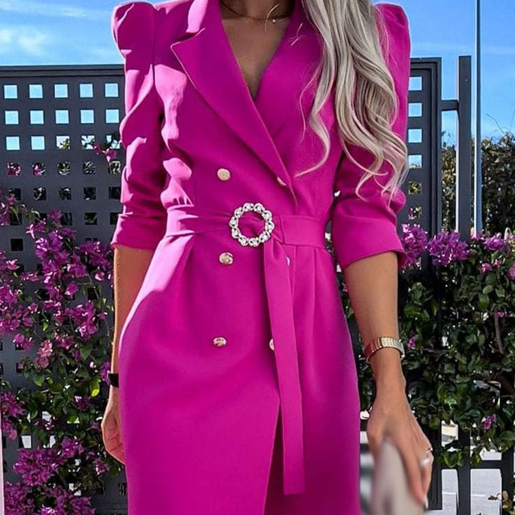 Damska Dwurzędowa Sukienka Mini - Elegancka z Bufiastym Rękawem