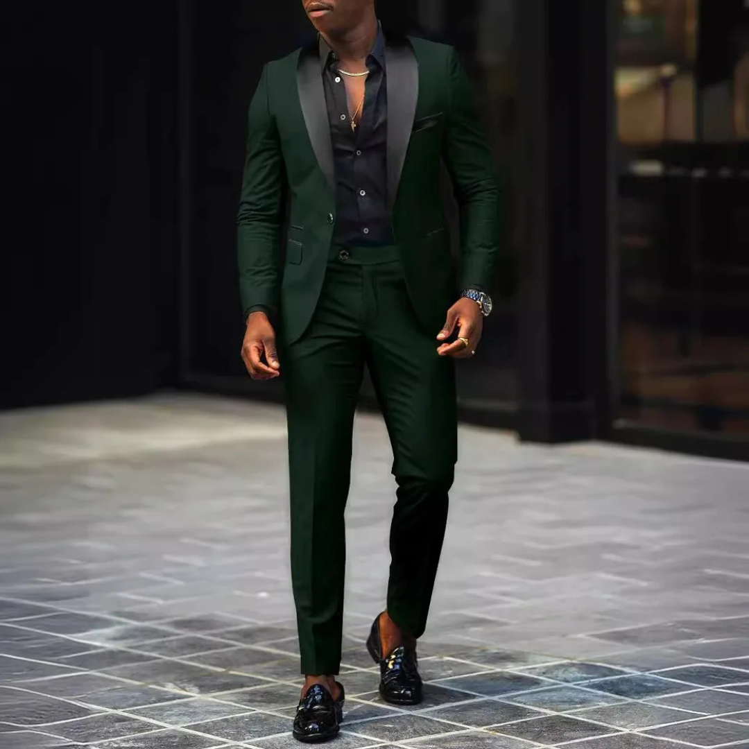 Męski Dwuczęściowy Smoking - Kontrastowy Kołnierz Szalowy i Fason Slim-Fit