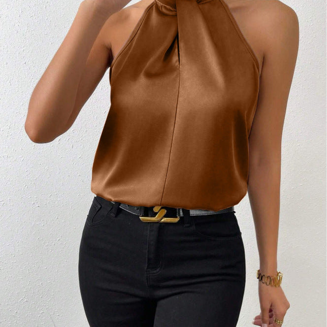 Damski Top Typu Halter - Skręcony Wysoki Kołnierz i Fason bez Rękawów