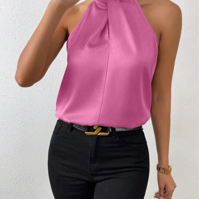 Damski Top Typu Halter - Skręcony Wysoki Kołnierz i Fason bez Rękawów