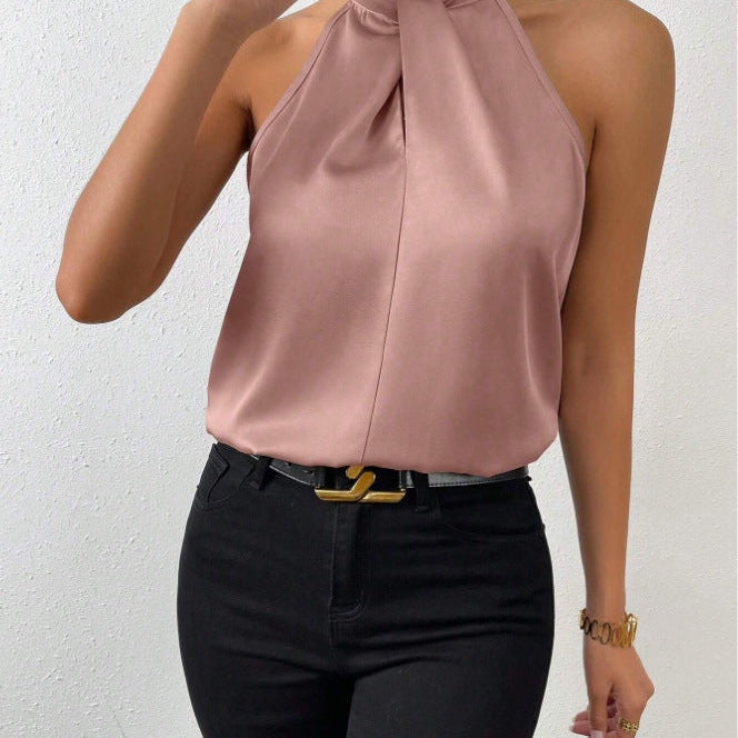 Damski Top Typu Halter - Skręcony Wysoki Kołnierz i Fason bez Rękawów