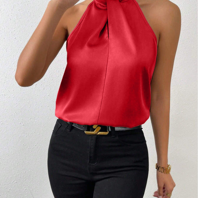 Damski Top Typu Halter - Skręcony Wysoki Kołnierz i Fason bez Rękawów