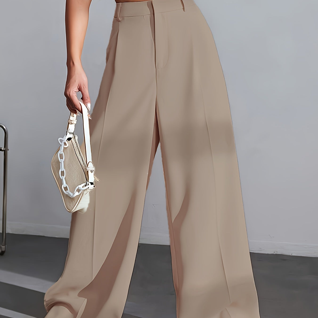 Damskie Spodnie do Pracy z Szeroką Nogawką - Z Wysokim Stanem