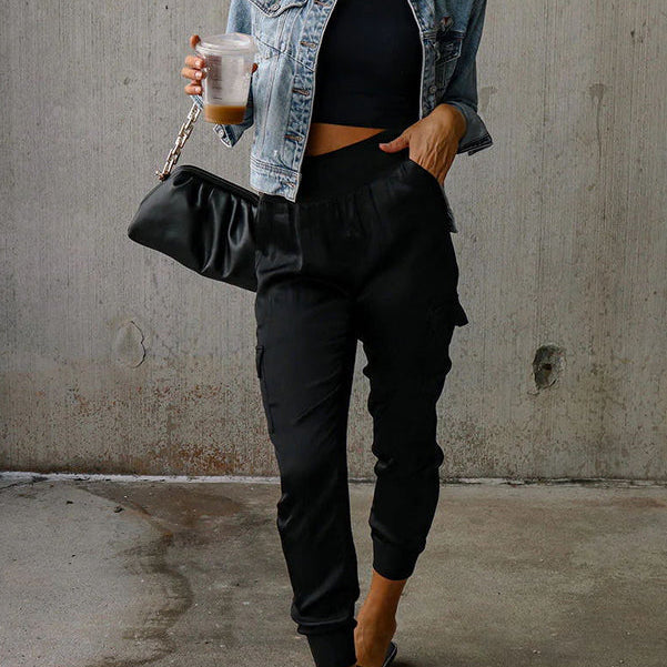 Damskie Spodnie Jogger - Wysoki Stan Satynowe Kieszenie