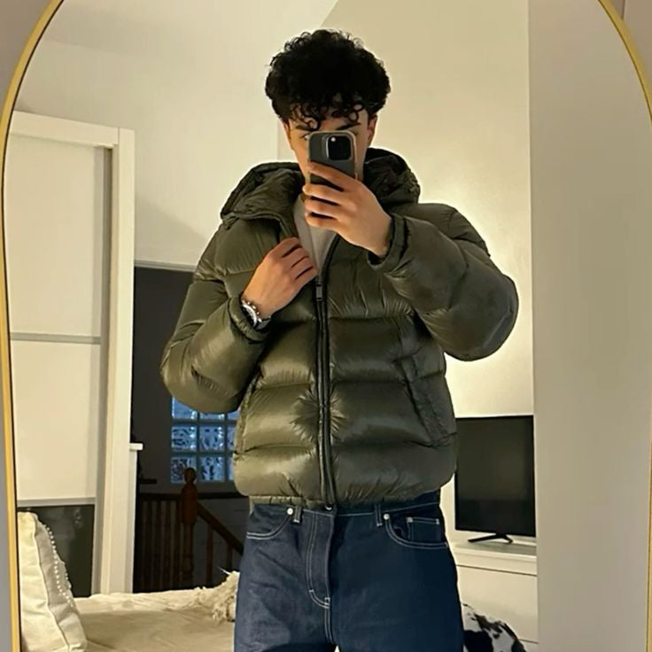 Męska Kurtka Pikowana Krótka - Połyskująca Z Kapturem