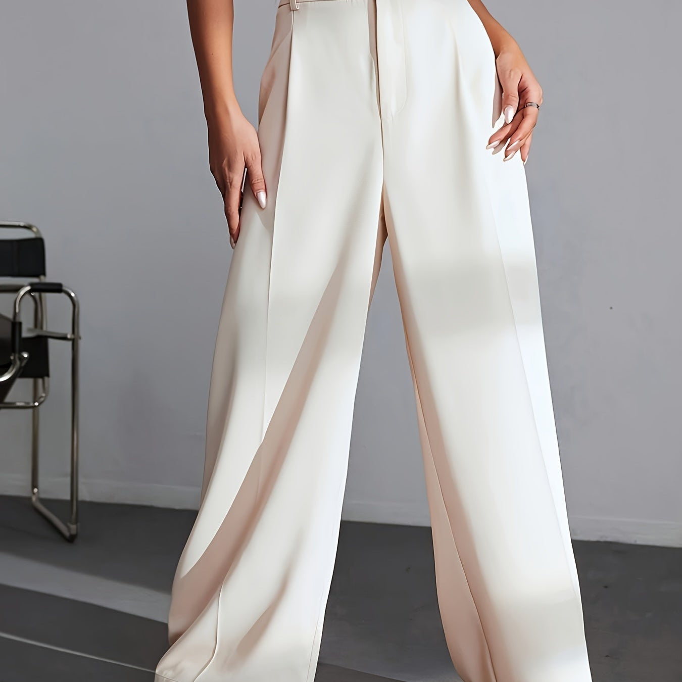 Damskie Spodnie do Pracy z Szeroką Nogawką - Z Wysokim Stanem