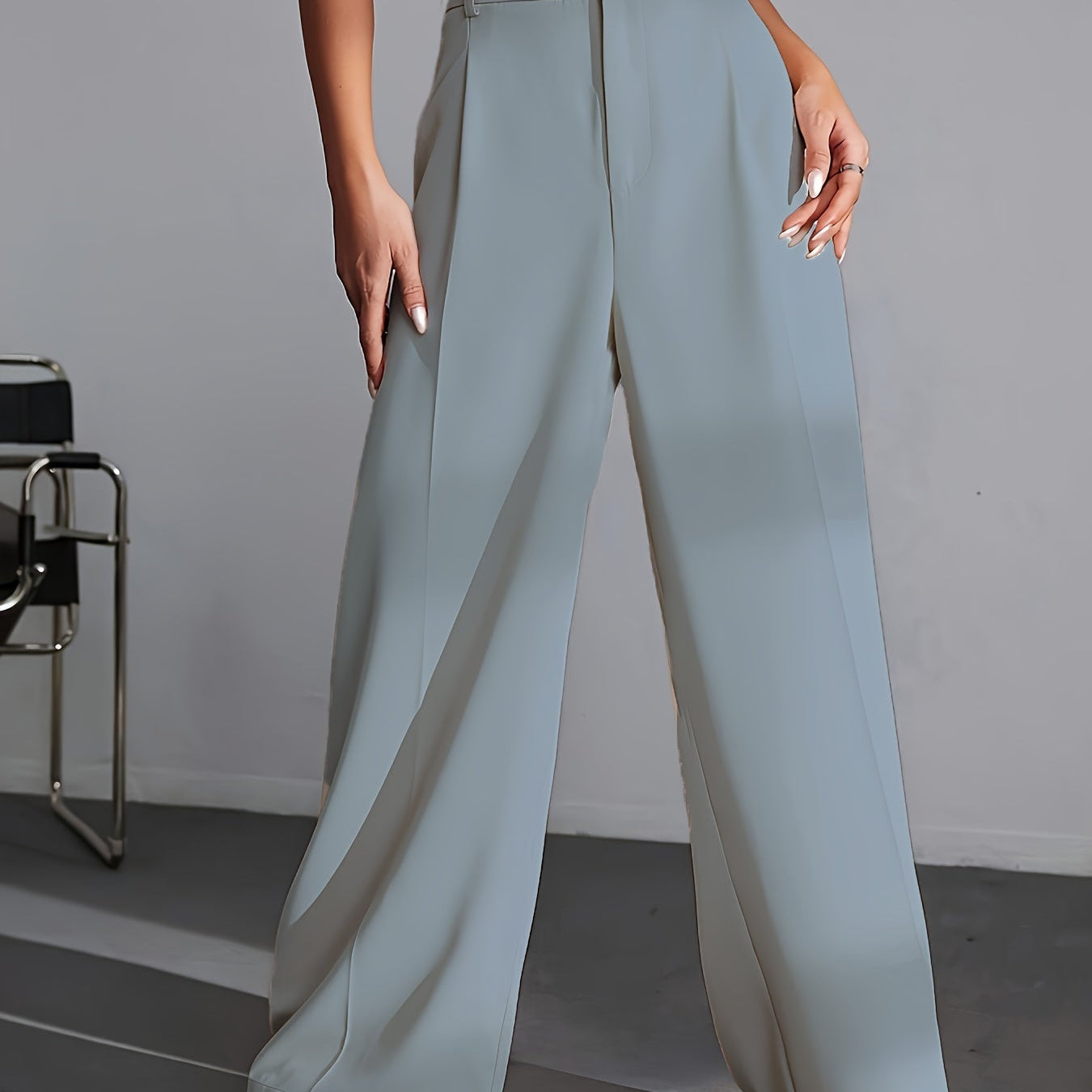 Damskie Spodnie do Pracy z Szeroką Nogawką - Z Wysokim Stanem