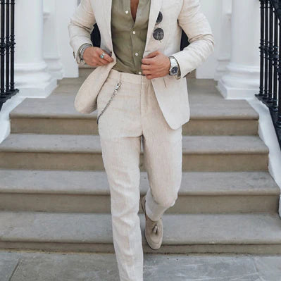 Męski Garnitur 2-Częściowy - Marynarka na Jeden Guzik i Spodnie Flat-Front