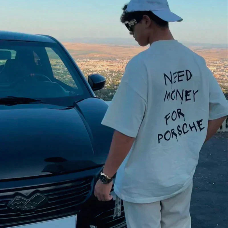 Męski T-shirt Vintage - ‘Need Money for Porsche’