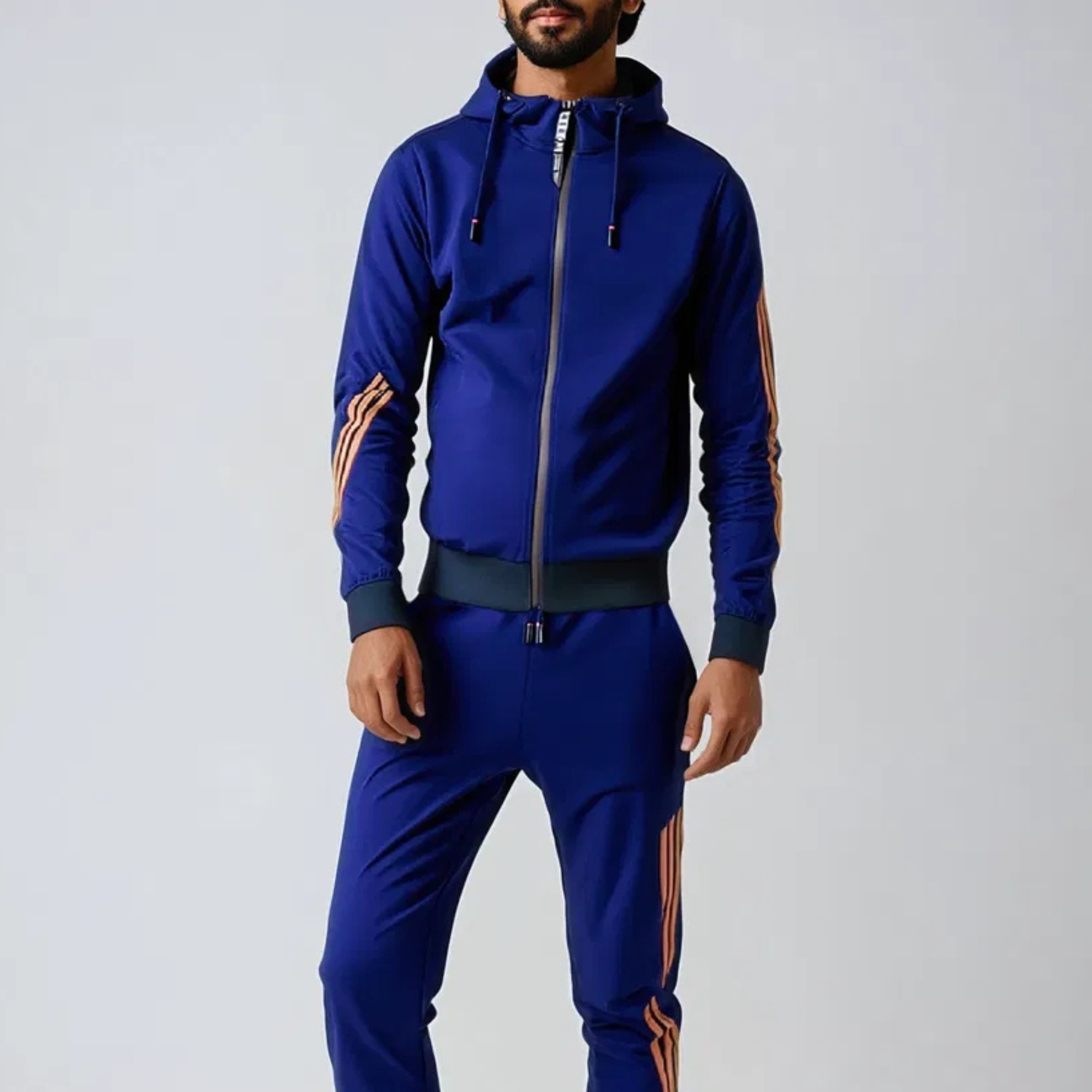 Męski Komplet Dresowy w Paski - Bluza na Zamek z Kapturem i Spodnie