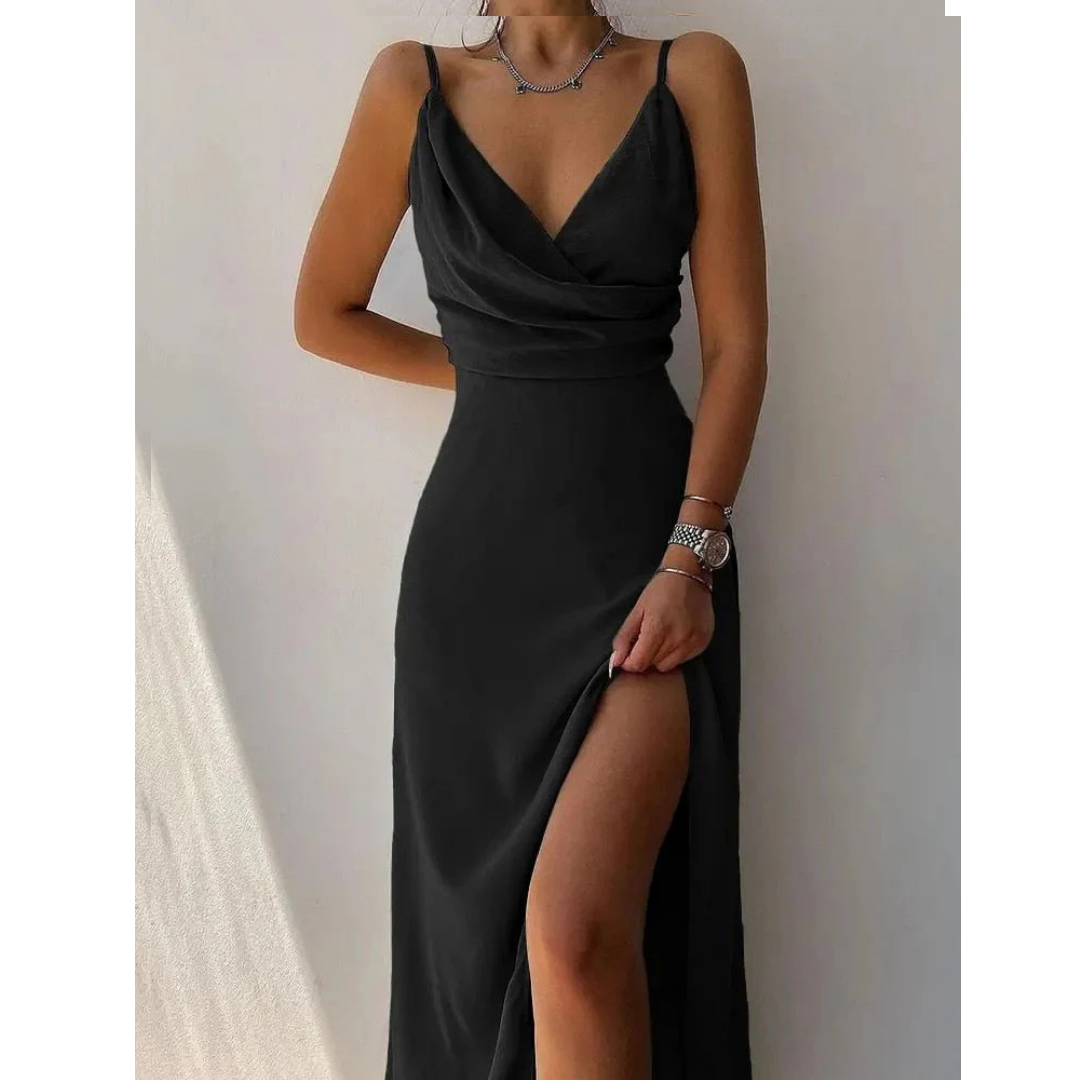 Damska Sukienka Maxi - Dekolt typu Woda i Wysokie Rozcięcie z Boku