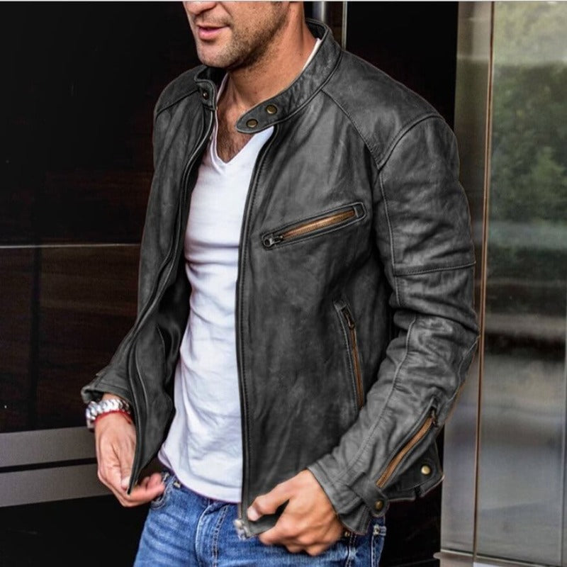 Męska Kurtka Biker - Casual z Kołnierzem Stójką
