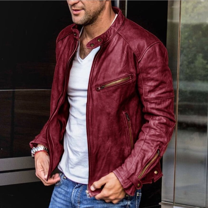 Męska Kurtka Biker - Casual z Kołnierzem Stójką