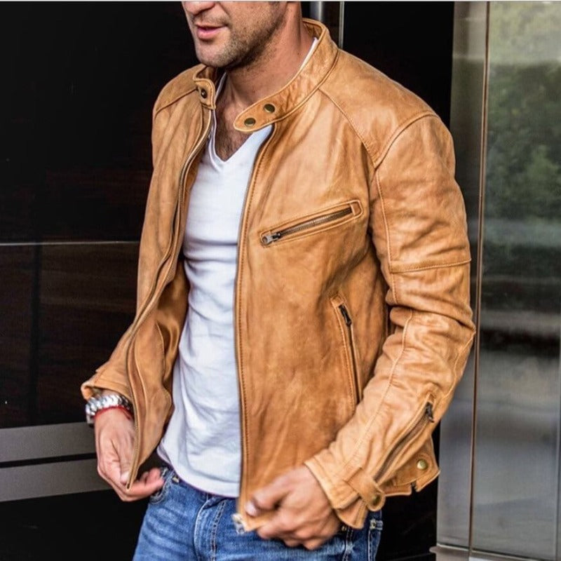 Męska Kurtka Biker - Casual z Kołnierzem Stójką