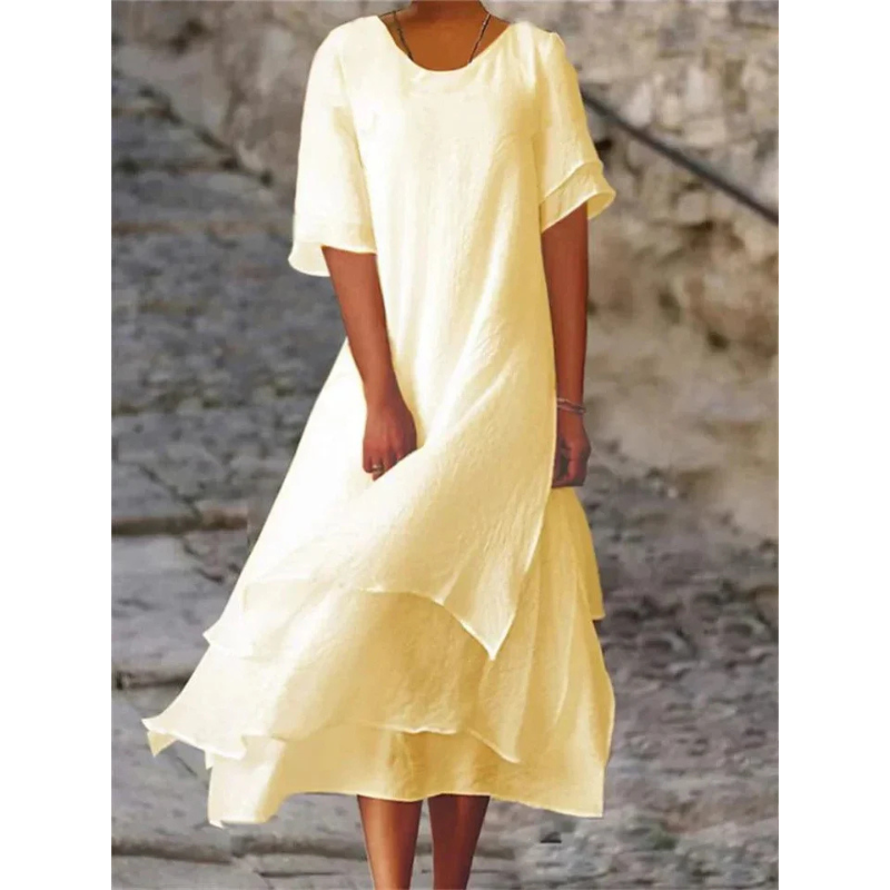 Damska Warstwowa Sukienka Midi z lnu - Okrągły Dekolt i Krótkie Rękawy