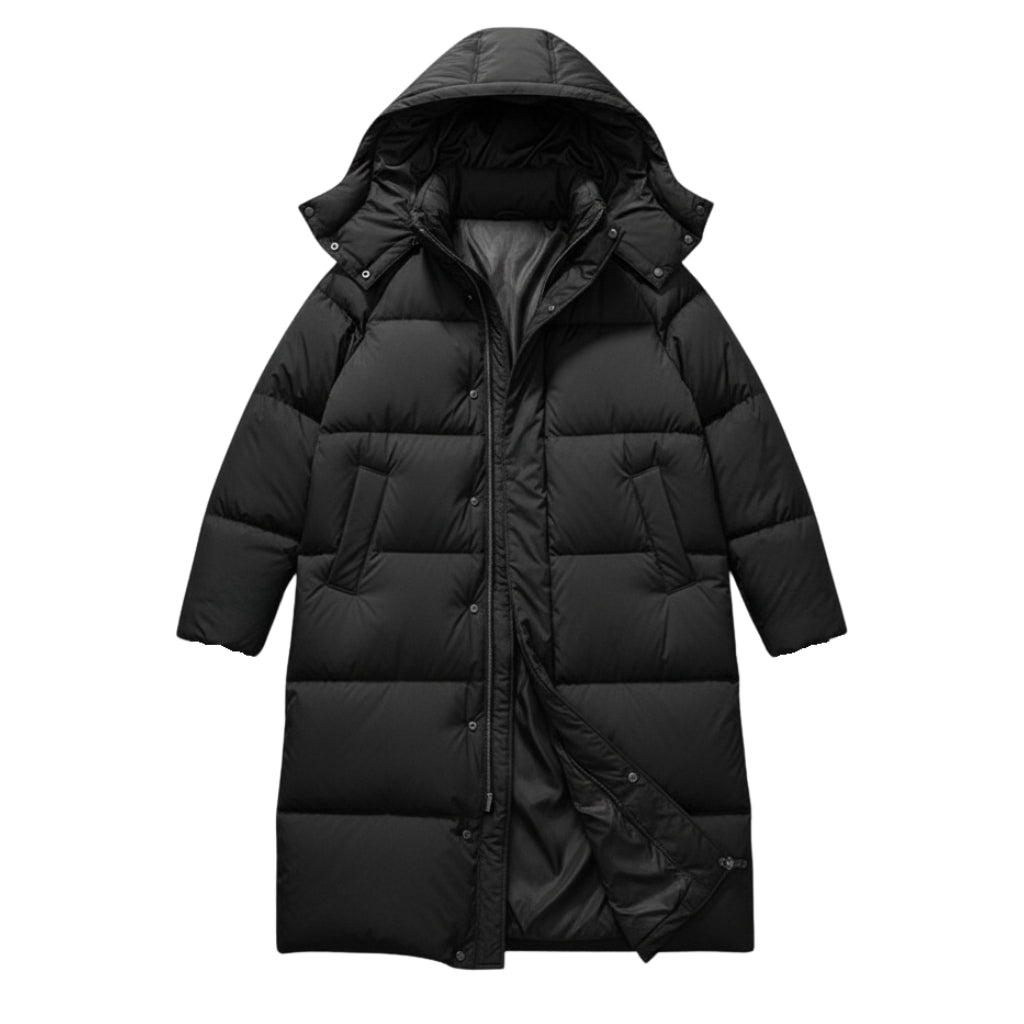 Damski Długi Płaszcz Puchowy Maxi - Z Wysokim Kołnierzem i Kapturem