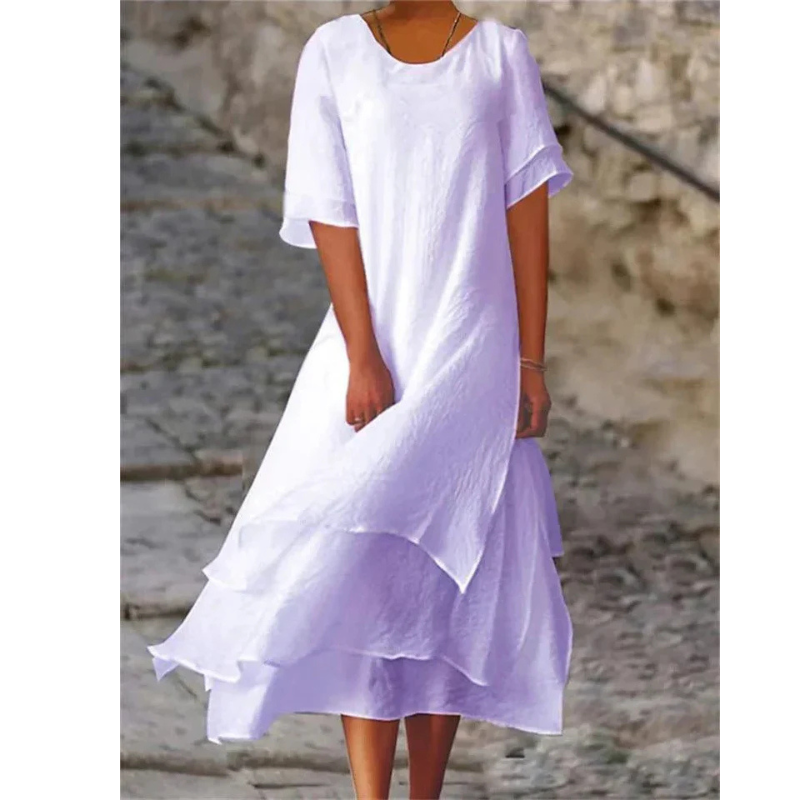 Damska Warstwowa Sukienka Midi z lnu - Okrągły Dekolt i Krótkie Rękawy