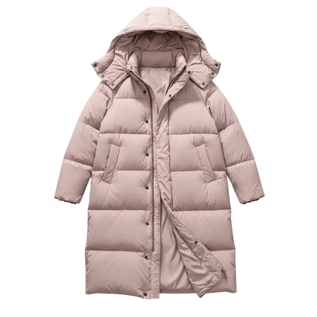 Damski Długi Płaszcz Puchowy Maxi - Z Wysokim Kołnierzem i Kapturem
