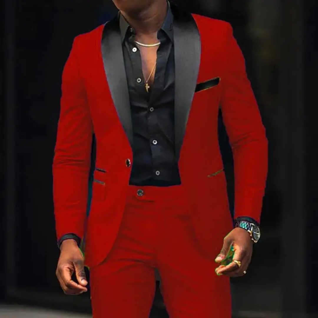 Męski Dwuczęściowy Smoking - Kontrastowy Kołnierz Szalowy i Fason Slim-Fit