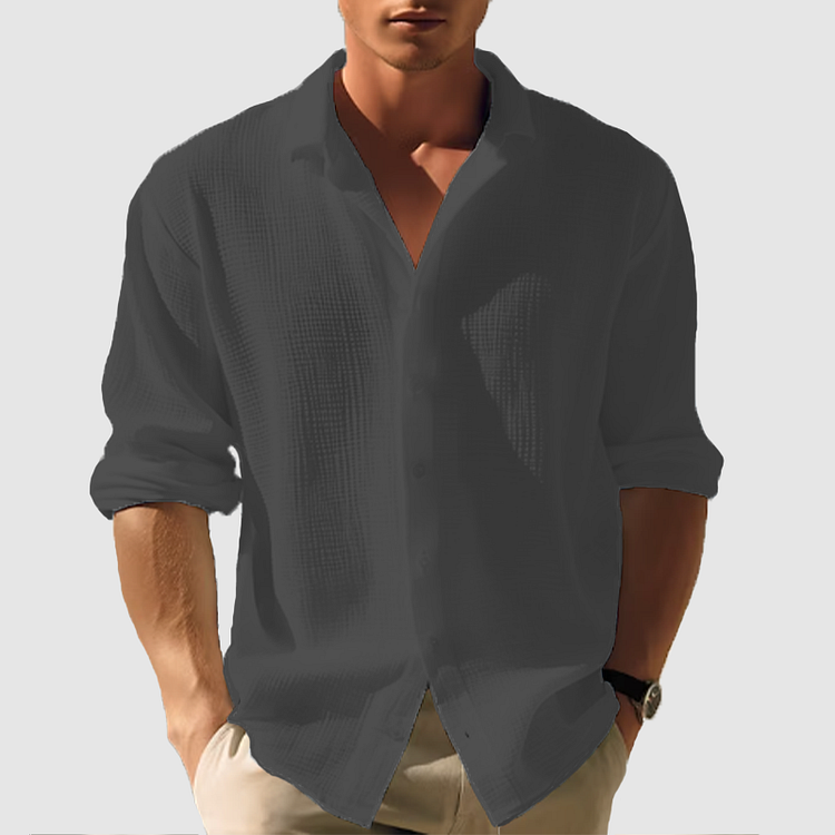 Męska koszula lniana z długim rękawem - Zapięcie na Guziki i Klasyczny Kołnierzyk