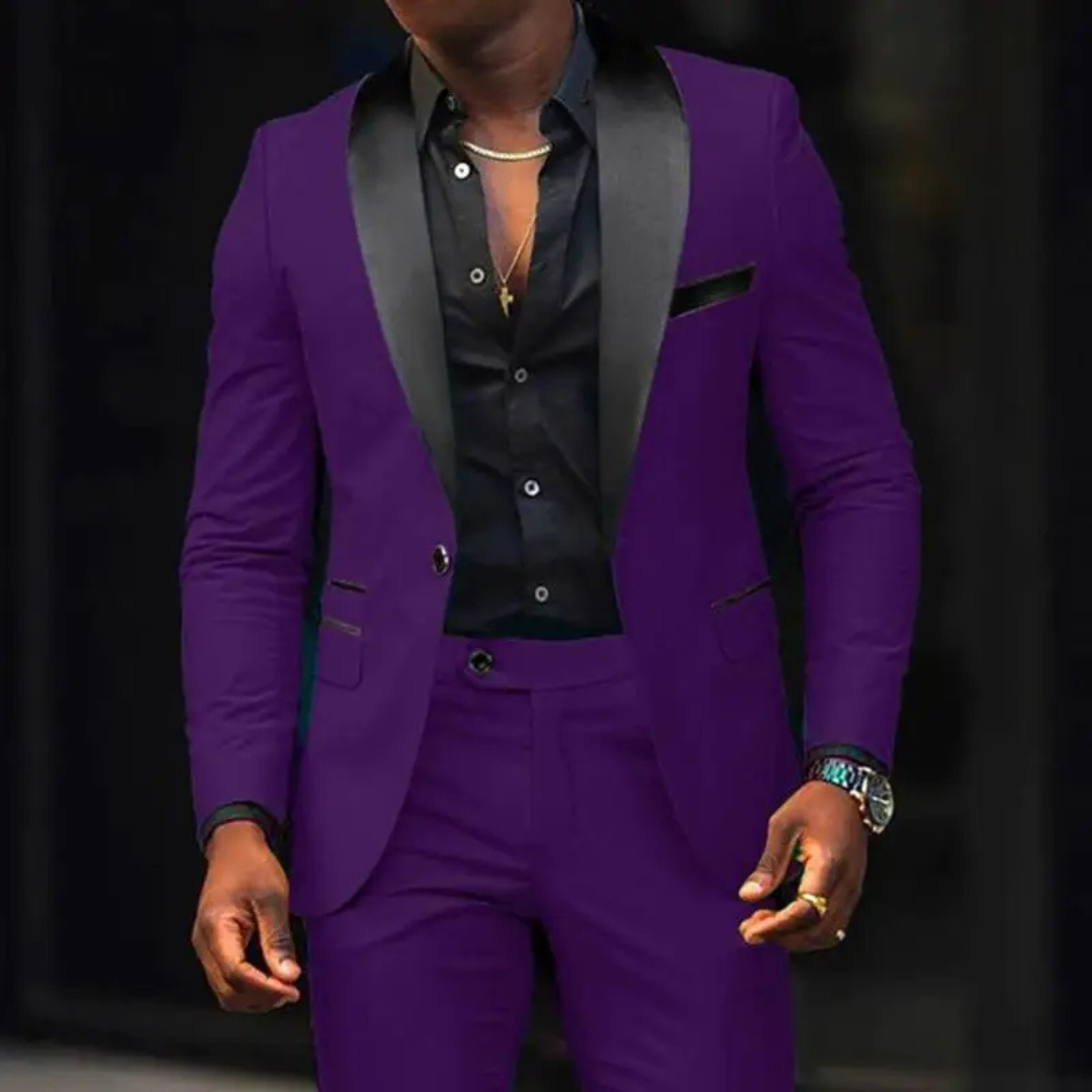 Męski Dwuczęściowy Smoking - Kontrastowy Kołnierz Szalowy i Fason Slim-Fit