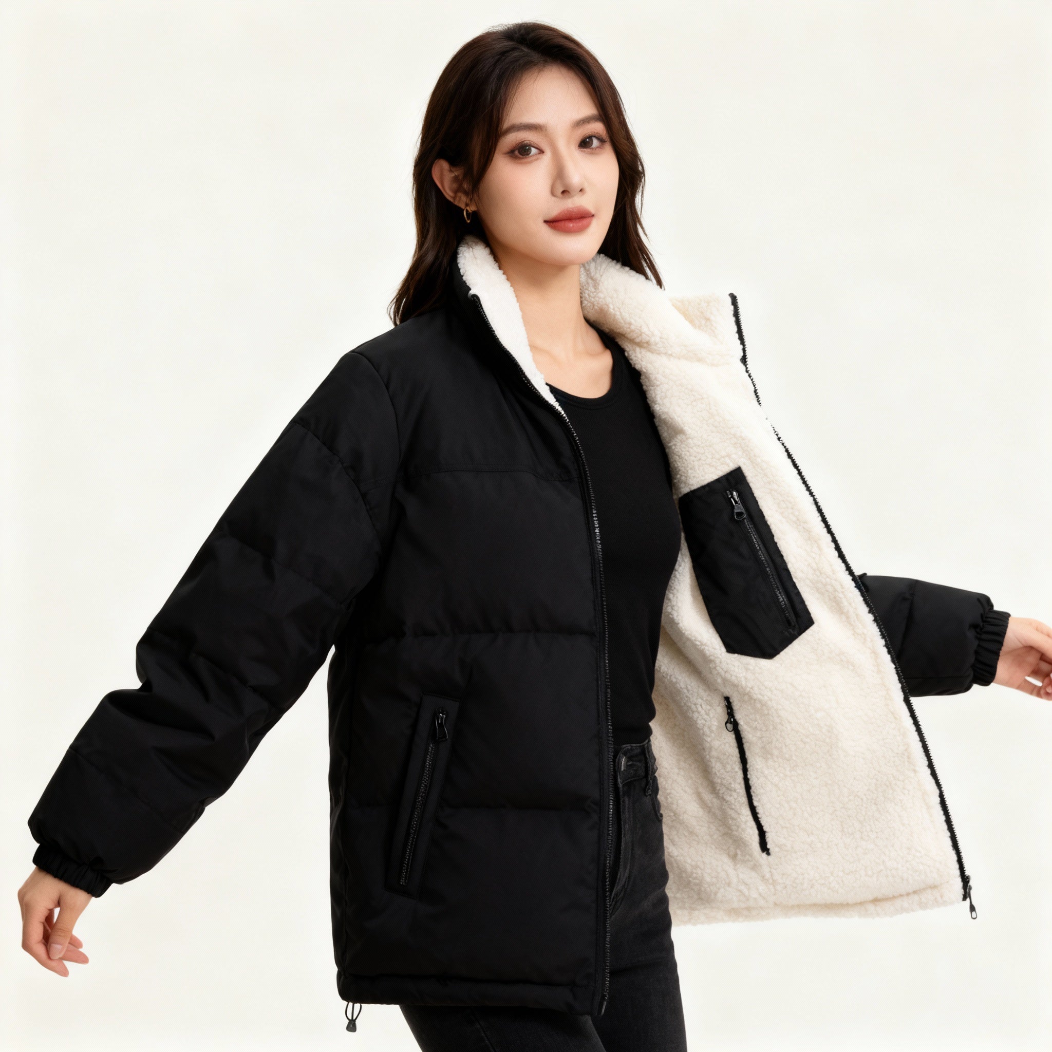 Damska Zimowa Kurtka Dwustronna - Pikowana Z Kapturem