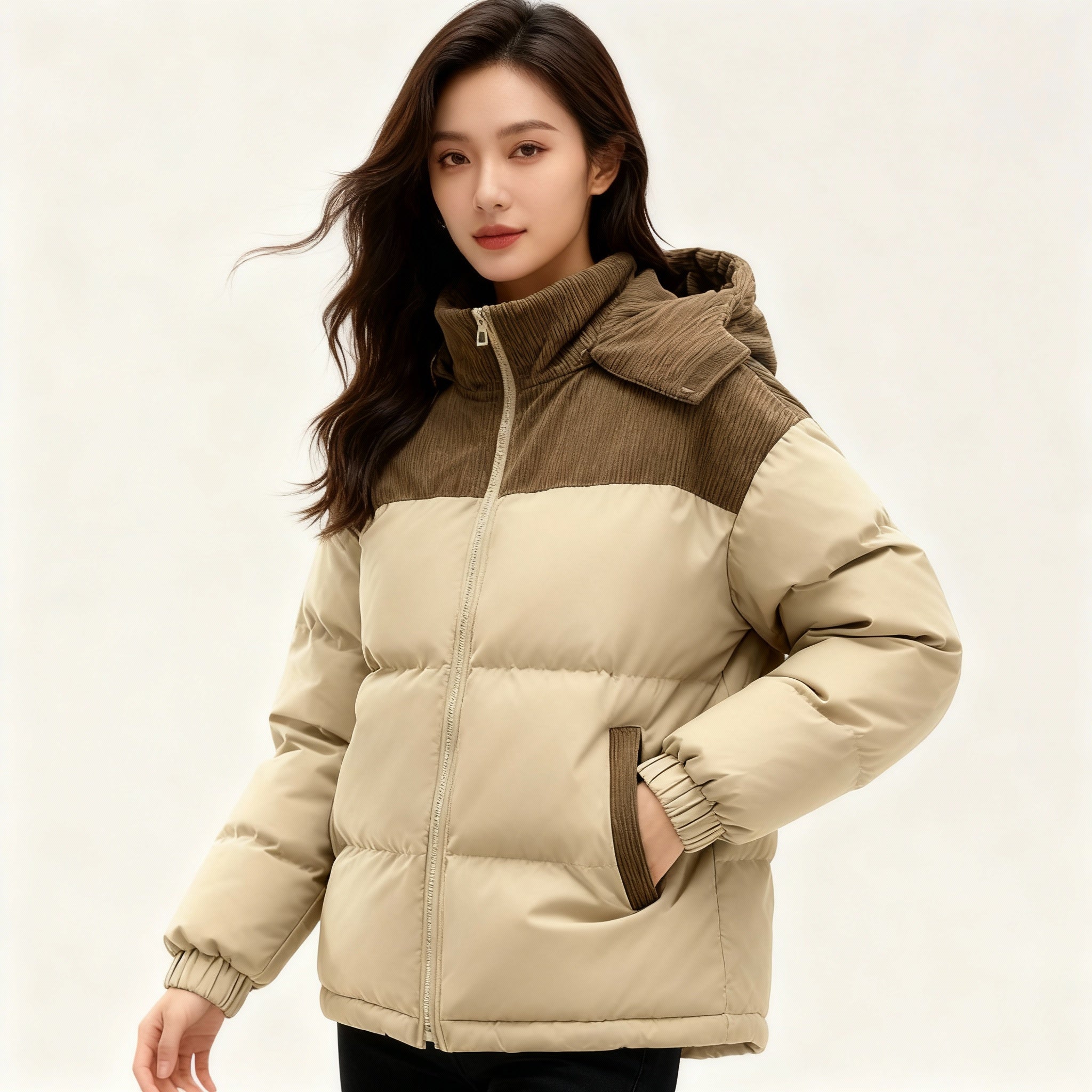 Damska Pikowana Kurtka Zimowa - Color Block Z Kapturem