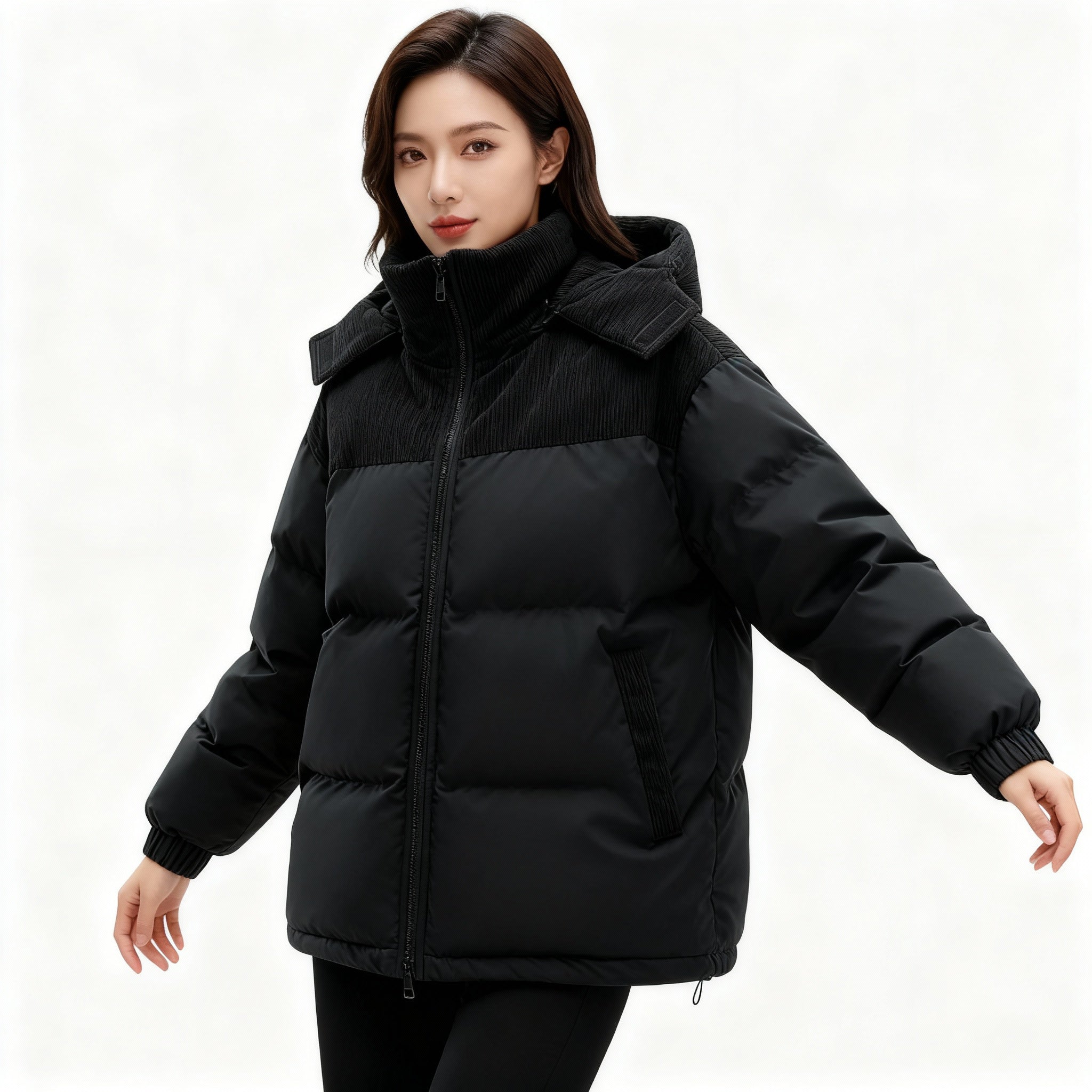 Damska Pikowana Kurtka Zimowa - Color Block Z Kapturem