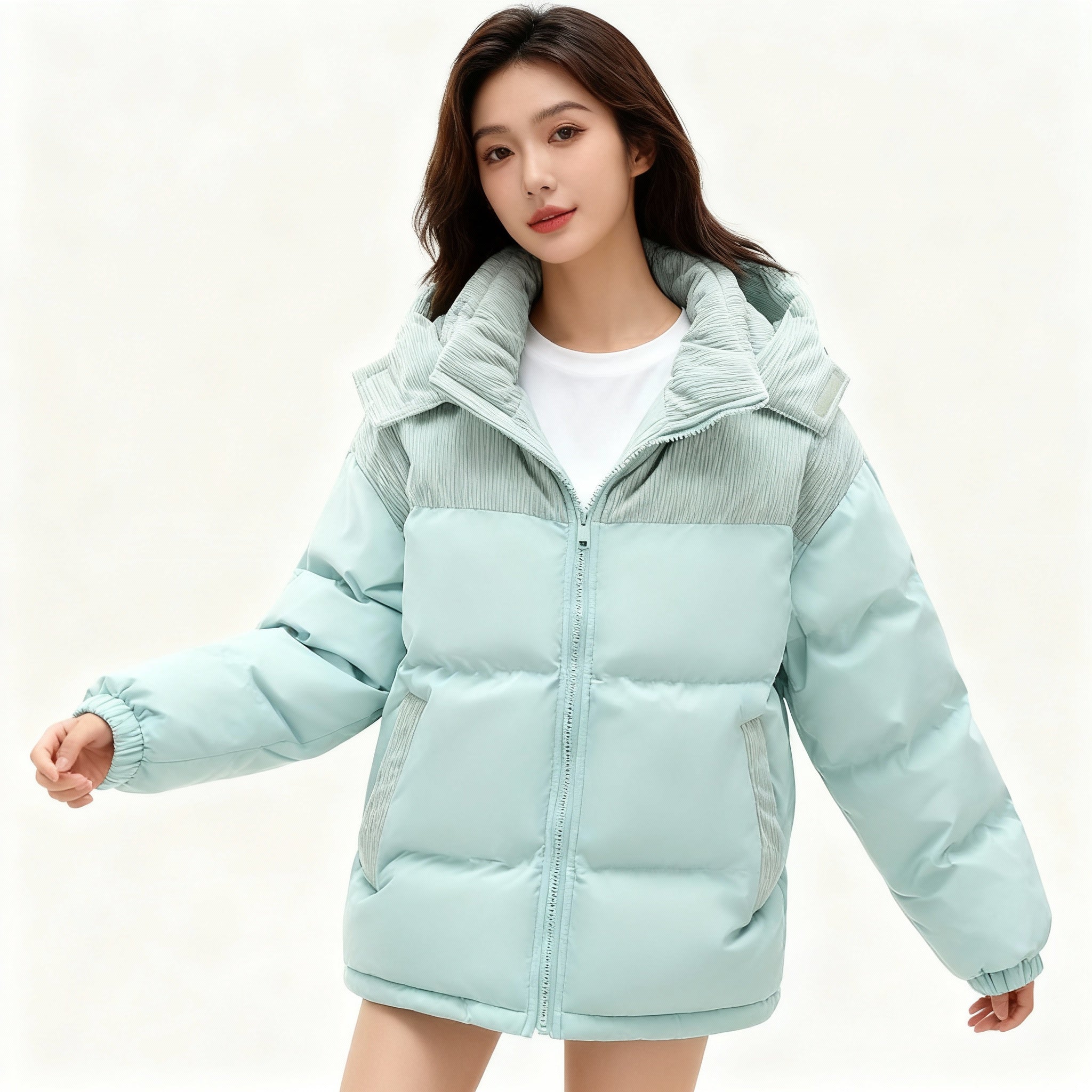 Damska Pikowana Kurtka Zimowa - Color Block Z Kapturem