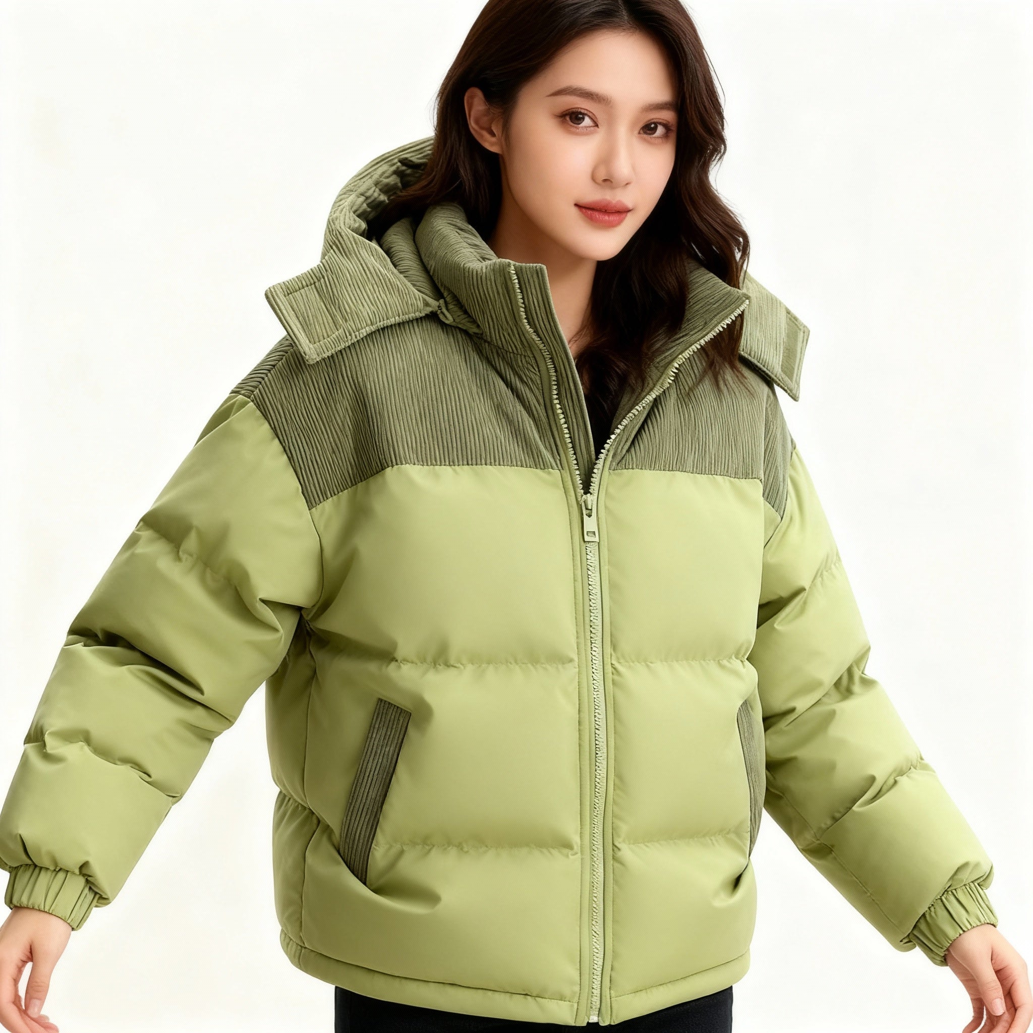 Damska Pikowana Kurtka Zimowa - Color Block Z Kapturem