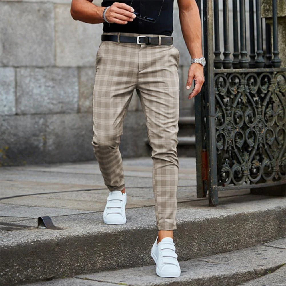 Męskie Spodnie do Pracy w Kratę - O Kroju Slim Fit, ze Zwężaną Nogawką