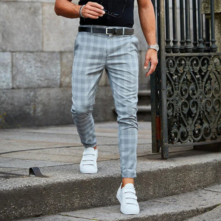 Męskie Spodnie do Pracy w Kratę - O Kroju Slim Fit, ze Zwężaną Nogawką