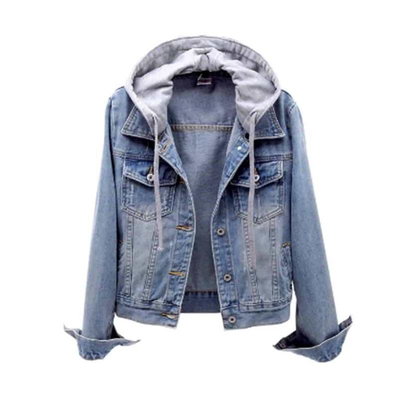 Damska Lekka Kurtka Jeansowa - Kaptur Letnia Ściągacz Denim